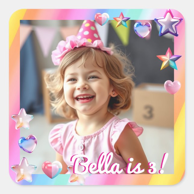 Personalisiertes Girl's Birthday Foto Quadratischer Aufkleber (Vorderseite)