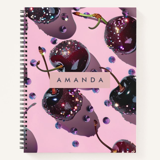 Personalisiertes Glam Glitzer Kirsch Design Notizbuch (Vorderseite)