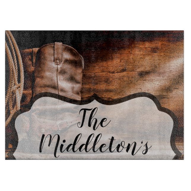 Personalisiertes Glass Cutting Cowboy Stiefel Barn Schneidebrett (Vorderseite)