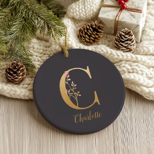Personalisiertes Gold Blau Elegantes Florales Mono Keramik Ornament
