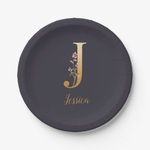 Personalisiertes Gold Blue Elegant Floral Monogram Pappteller