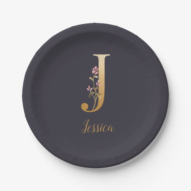 Personalisiertes Gold Blue Elegant Floral Monogram Pappteller (Vorderseite)