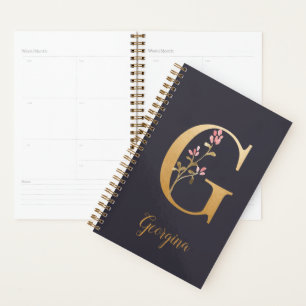 Personalisiertes Gold Blue Elegant Floral Monogram Planer
