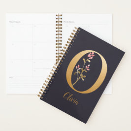 Personalisiertes Gold Blue Elegant Floral Monogram Planer
