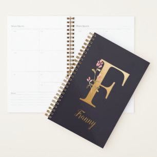 Personalisiertes Gold Blue Elegant Floral Monogram Planer