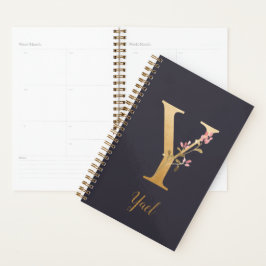 Personalisiertes Gold Blue Elegant Floral Monogram Planer