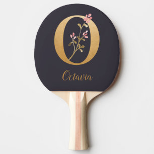Personalisiertes Gold Blue Elegant Floral Monogram Tischtennis Schläger