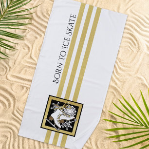 Personalisiertes Gold-Glitter-Schwarz-Weiß-Eislauf Strandtuch