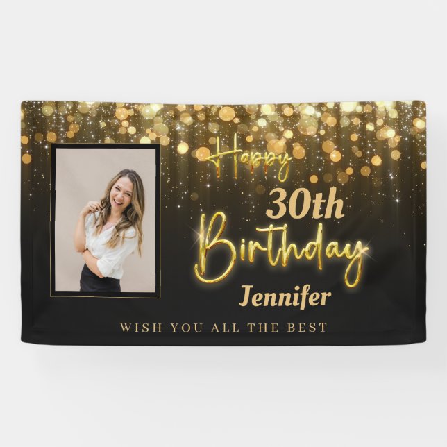Personalisiertes Gold Glossy Happy Birthday Black Banner (Horizontal)