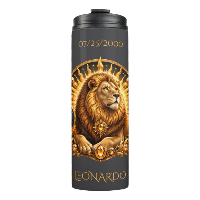 Personalisiertes Gold-Grau Sternzeichen Löwe Thermosbecher (Vorderseite)