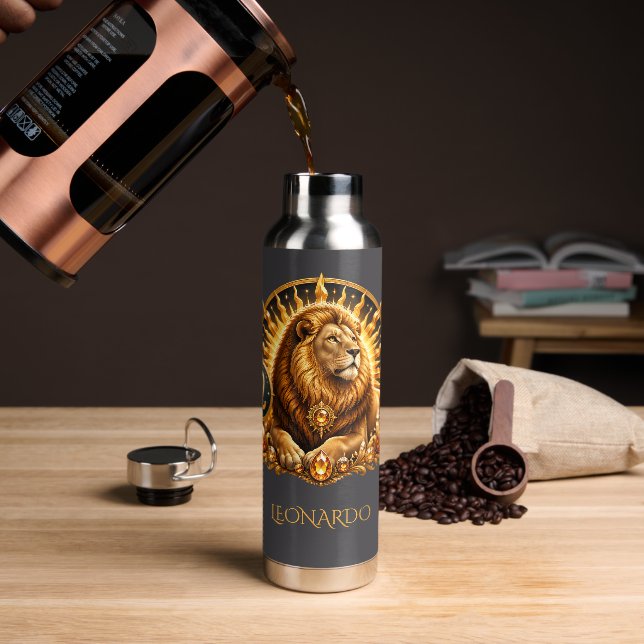 Personalisiertes Gold-Grau Sternzeichen Löwe Trinkflasche (Kaffee)