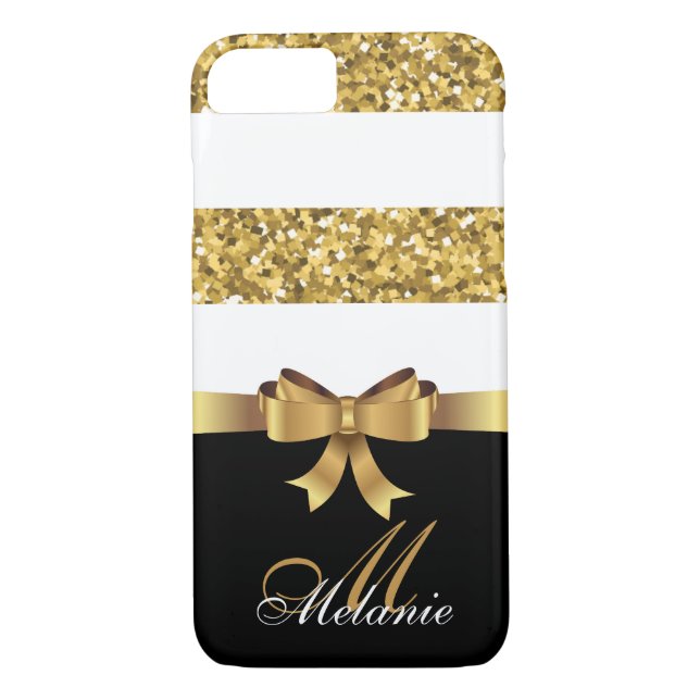 Personalisiertes Gold, Schwarz-weißer GLITZER STRI Case-Mate iPhone Hülle (Rückseite)
