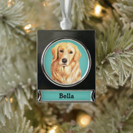Personalisiertes Golden Retriever-Hundporträt Banner-Ornament Silber