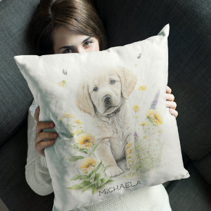 Personalisiertes Golden Retriever Pup bei Blume Kissen