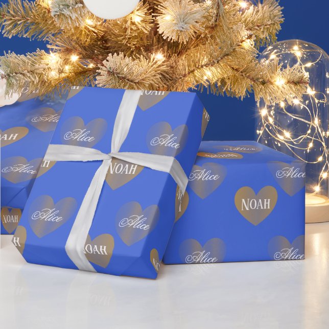 Personalisiertes Goldenes Herz, Royal Blue Geschenkpapier (Feiertage)