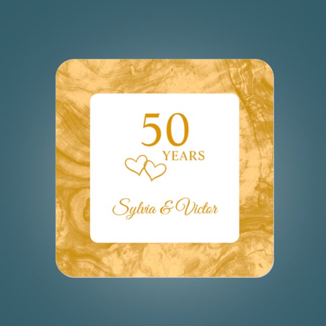 Personalisiertes Goldenes Holz 50 Jahre alt Quadratischer Aufkleber (Custom text golden 50th wedding anniversary sticker. Add couples names to personalize



)