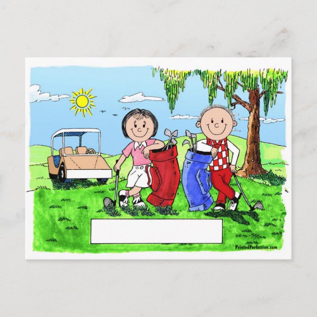 Personalisiertes Golf Couple Cartoon Karikatur Postkarte (Vorderseite)