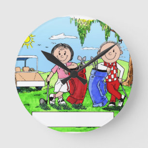 Personalisiertes Golf Couple Cartoon - Karikatur Runde Wanduhr