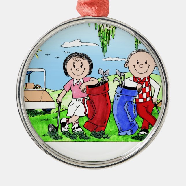 Personalisiertes Golf Couple Cartoon - Karikatur Silbernes Ornament (Vorne)