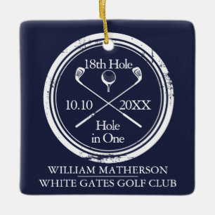 Personalisiertes Golf-Loch-in-Eins Retro Navy Blau Keramikornament