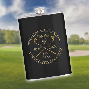 Personalisiertes Golf-Loch-in-One Schwarz und Gold Flachmann