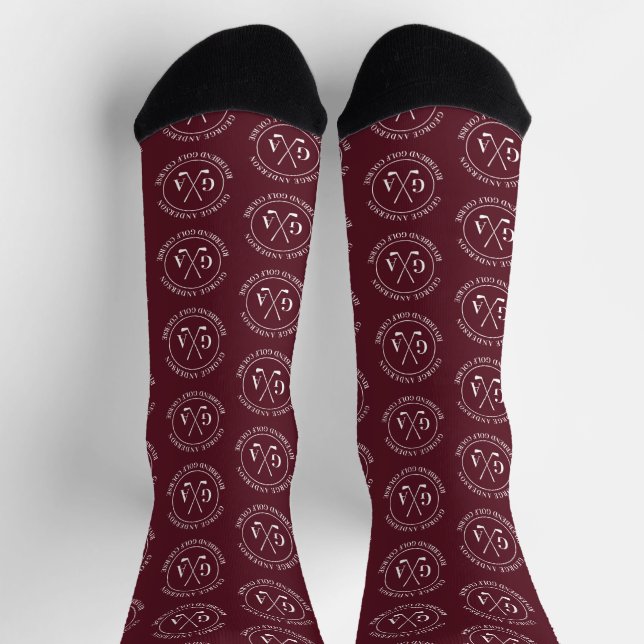 Personalisiertes Golf-Monogramm-Muster Burgunderro Socken (Oben)