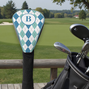 Personalisiertes Golfgeschenk mit Teal-Argyle-Mono Golf Headcover