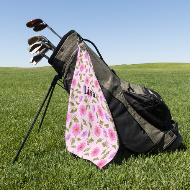 Personalisiertes Golfhandtuch Pink Lacy Daisy (Gras)