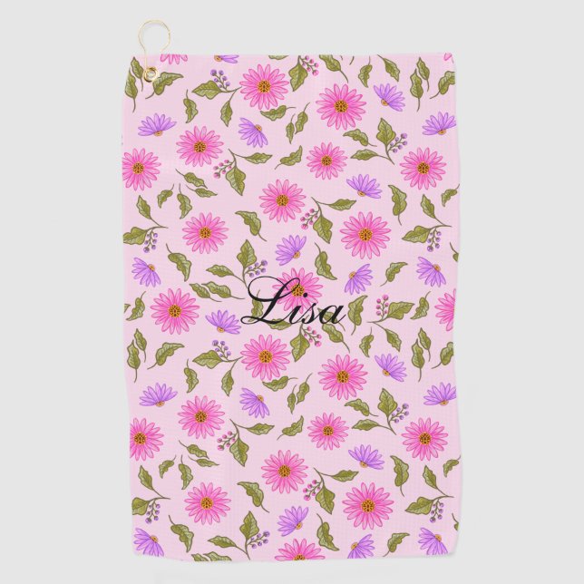 Personalisiertes Golfhandtuch Pink Lacy Daisy (Vorderseite)