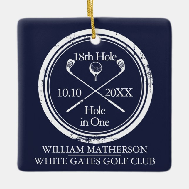 Personalisiertes Golfloch in einem Retro-Navy Blue Keramikornament (Vorderseite)