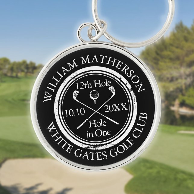 Personalisiertes Golfloch in Schwarzweiß Schlüsselanhänger (Personalized Golf Hole in One Black And White Keychain)
