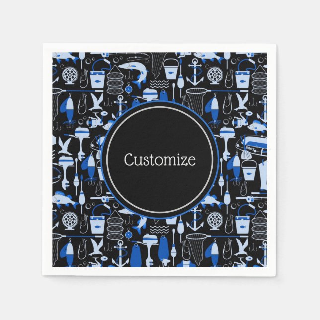 Personalisiertes Gone Fishing Blauer Muster Serviette (Vorderseite)