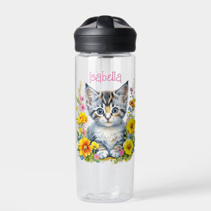 Personalisiertes graues Kätzchen und Blumen Aquare Trinkflasche