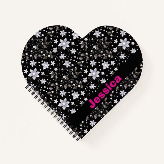 Personalisiertes Graues und Schwarzes Blume Muster Notizbuch (Vorderseite)