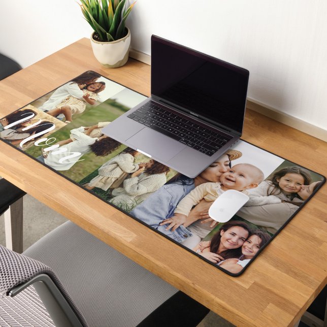 Personalisiertes Grid-Layout für Foto-Mama mit ele Schreibtischunterlage (Elegant Script Mom Photo Grid Layout Personalized Desk Mat)