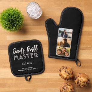 Personalisiertes Grillmeister-Vater 3 Foto Ofenhandschuh & Topflappen-Set