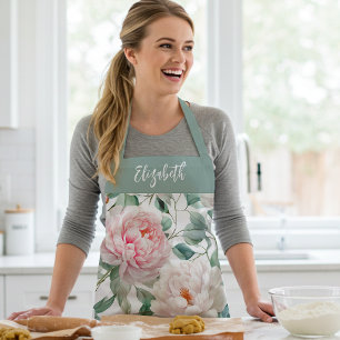 Personalisiertes großes Blumenmuster Rosa Weiß Grü Schürze