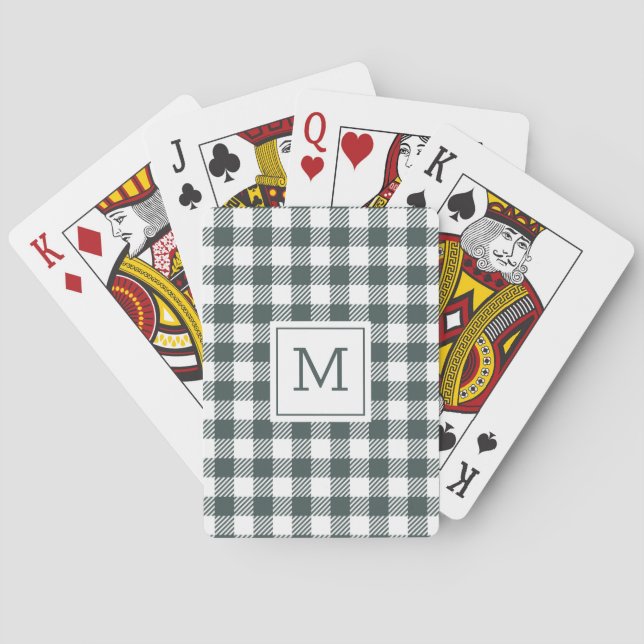Personalisiertes grünes Gingham-Karo-Monogramm Spielkarten (Rückseite)