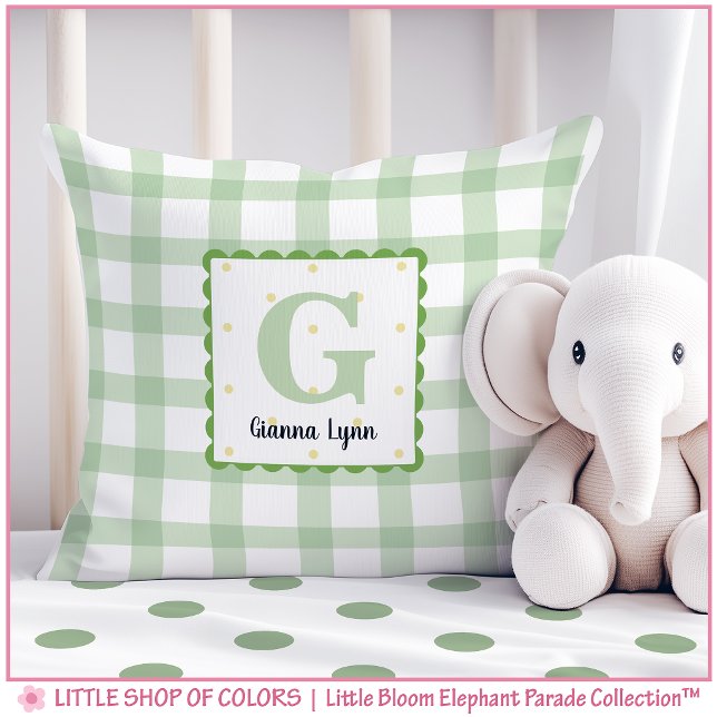 Personalisiertes grünes Gingham-Monogramm-Kinderzi Kissen (Von Creator hochgeladen)