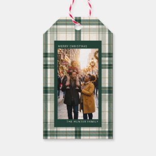 Personalisiertes grünes kariertes Weihnachtsfoto Geschenkanhänger
