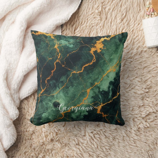 Personalisiertes Grünes und goldenes Waldmarmor Kissen (Decke)
