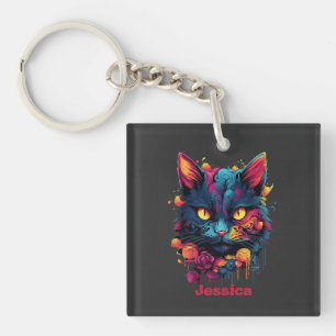 Personalisiertes Halloween/Hexe/Zauberer/Goth Cat Schlüsselanhänger