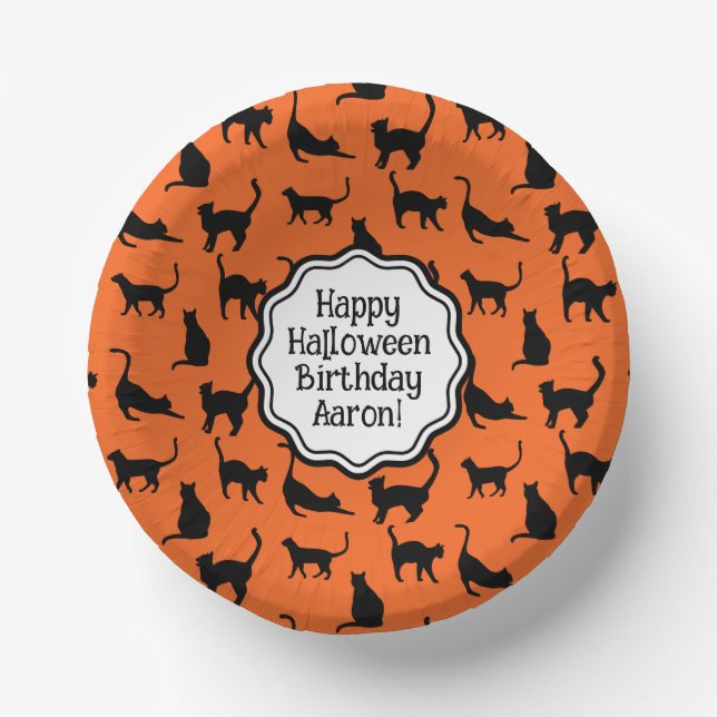 Personalisiertes Halloween-Party Orange Black Cat Pappteller (Vorderseite)