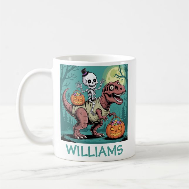 Personalisiertes Halloween Skeleton Riding Dinosau Kaffeetasse (Links)