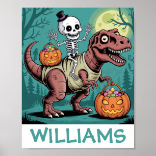 Personalisiertes Halloween Skeleton Riding Dinosau Poster