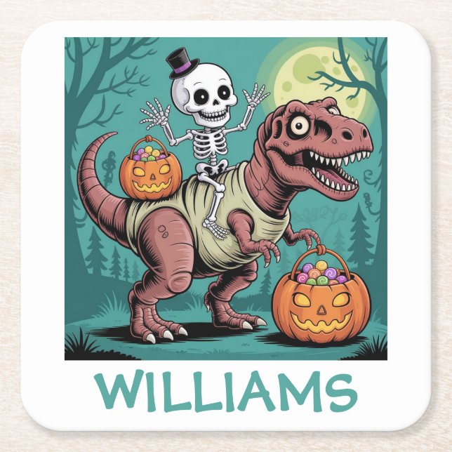 Personalisiertes Halloween Skeleton Riding Dinosau Rechteckiger Pappuntersetzer (Vorderseite)