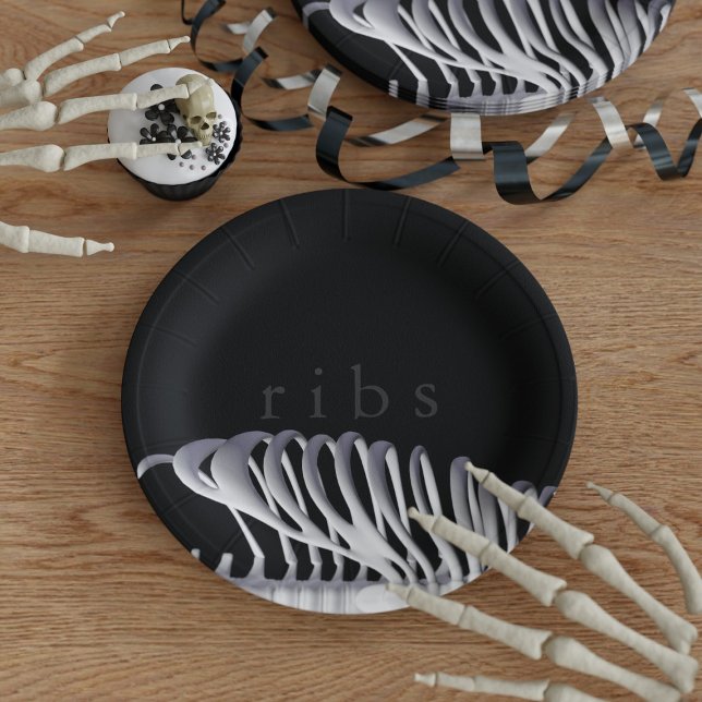 Personalisiertes Halloween Skeletter Ribs Schwarz- Pappteller (Von Creator hochgeladen)