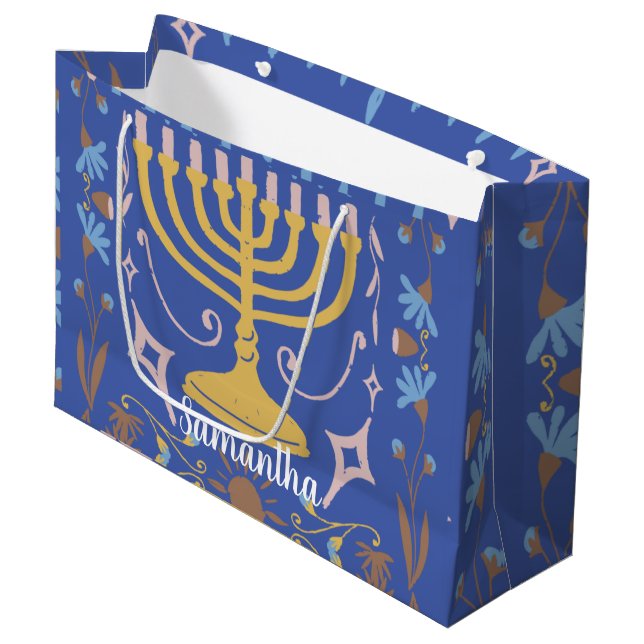 Personalisiertes Hanukkah-Muster Große Geschenktüte (Vorderseite Schrägansicht)