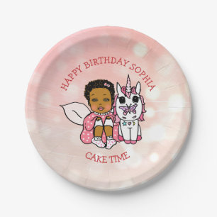 Personalisiertes Happy Birthday Fee und Einhorn Pappteller