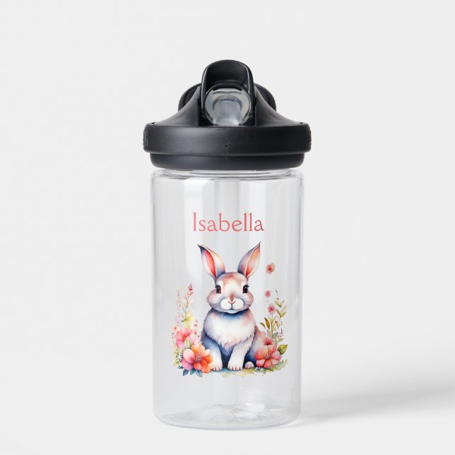 Personalisiertes Hasen in rosa Blume Trinkflasche (Vorne)